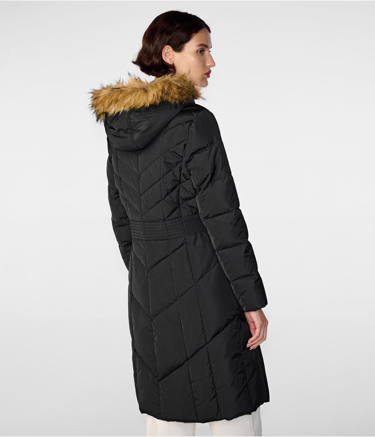 Women's Luxe Fur Hooded Puffer Trench Coat in Black