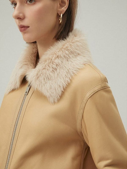 Women's Shearling Leather Jacket In Tan Brown