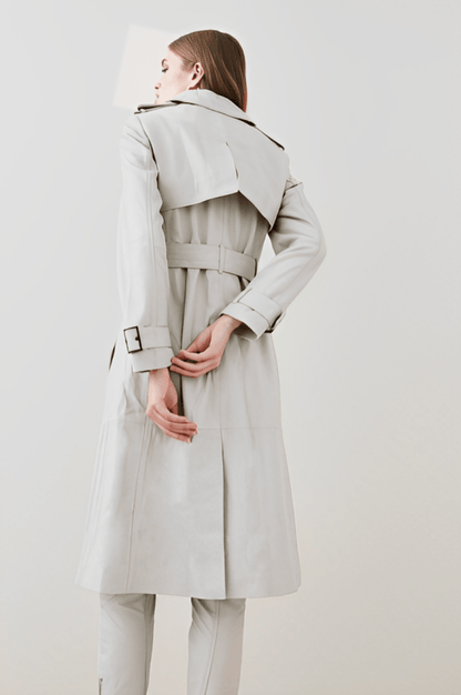 Elegant Women's Leather Trench Coat - Off White