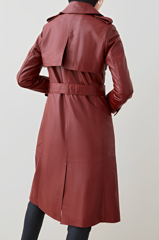 Women's Elegant Leather Trench Coat in Ox Blood Red