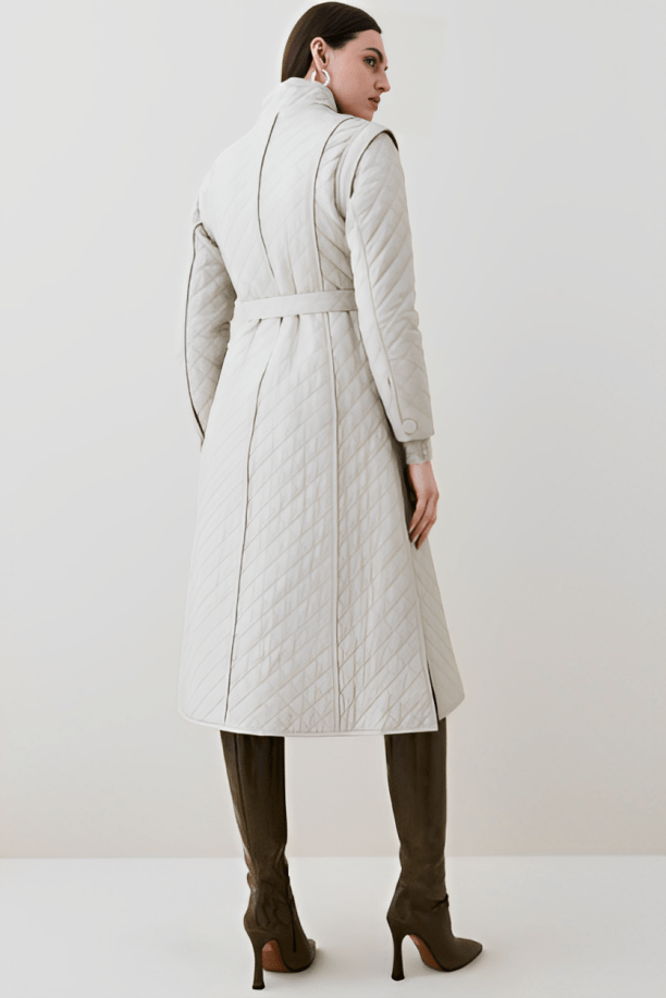 Elegant Women's Quilted Leather Trench Coat - Off-White