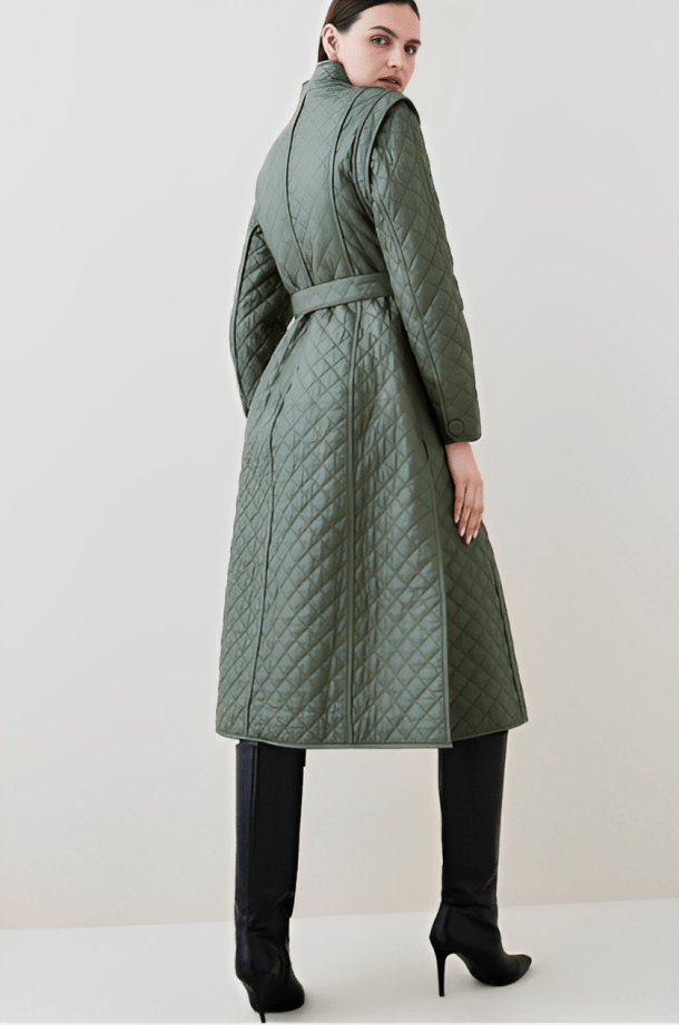 Elegant Women's Quilted Leather Trench Coat - Olive