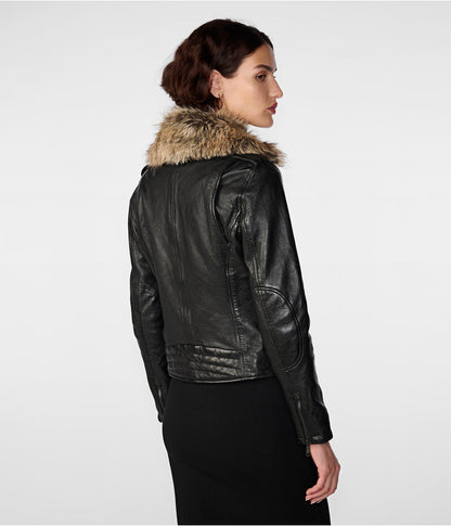 Women's Leather Biker Jacket in Black with Removable Fur Collar - Stylish & Versatile