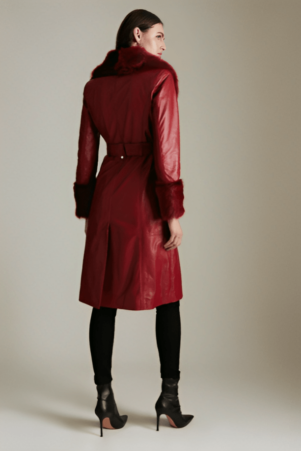 Women's Shearling Leather Coat In Red With Fur Collar