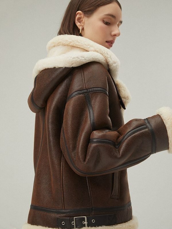 Women's Dark Brown Shearling Leather Jacket with Removable Hood