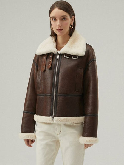 Women's Shearling Leather Jacket In Dark Brown