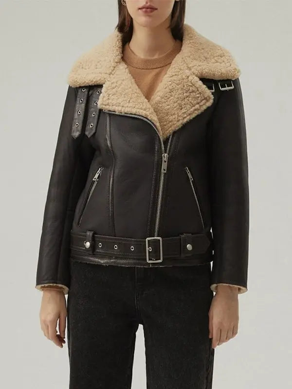 Women's Leather Shearling Jacket In Matte Black