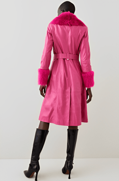 Women's Pink Shearling Leather Trench Coat