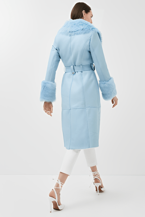 Women's Sky Blue Shearling Leather Trench Coat