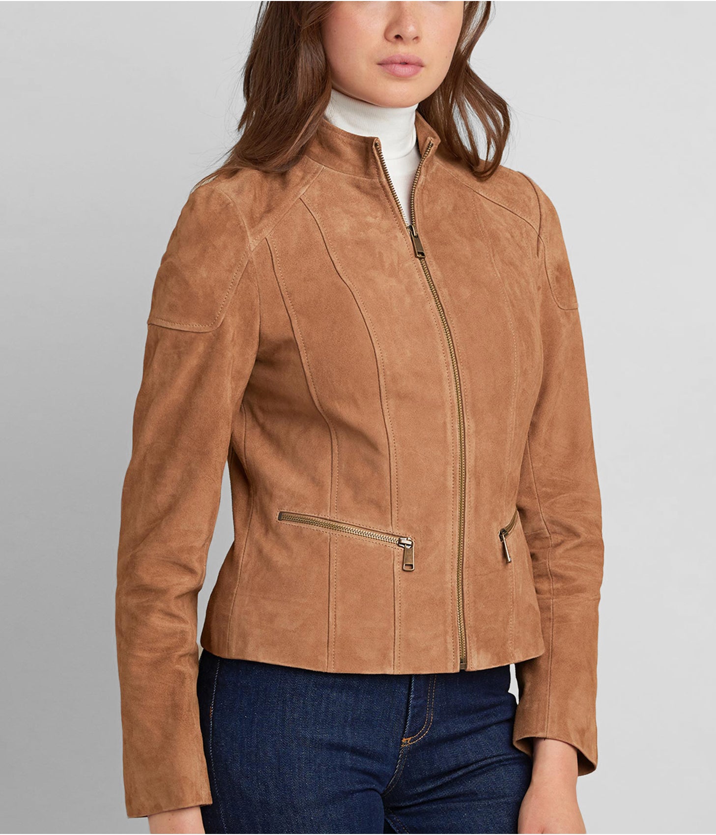 TOPGURUJACKETS Women's Suede Leather Biker Jacket in Tan Brown