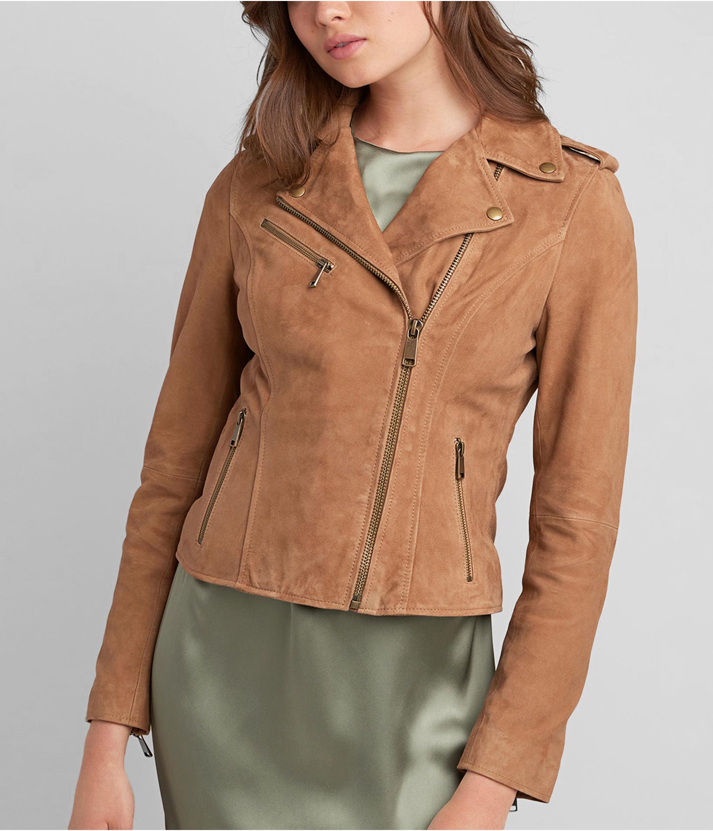 Women's Suede Leather Moto Jacket Tan Brown