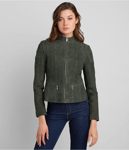 Women's Suede Leather Biker Jacket In Olive