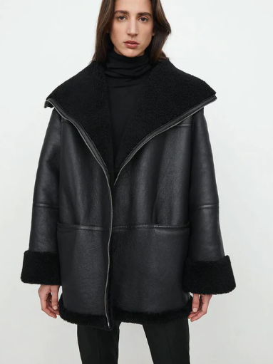  Women's Oversized Black Sheepskin Bomber Leather Jacket