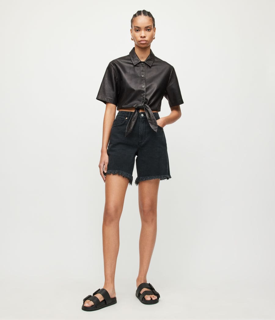 Women's Stylish Black Cropped Leather Shirt