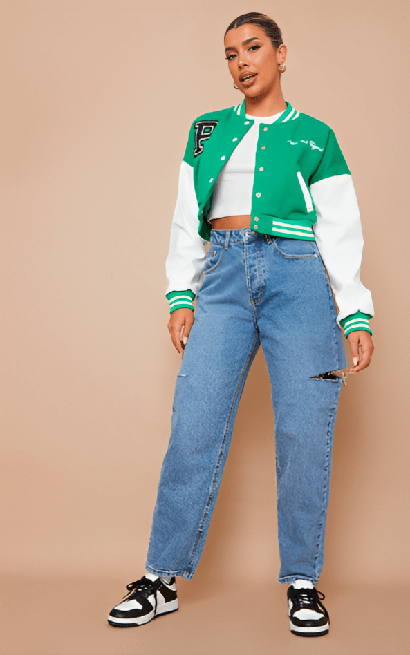  Trendy Women's Green Cropped Varsity Bomber Leather Jacket