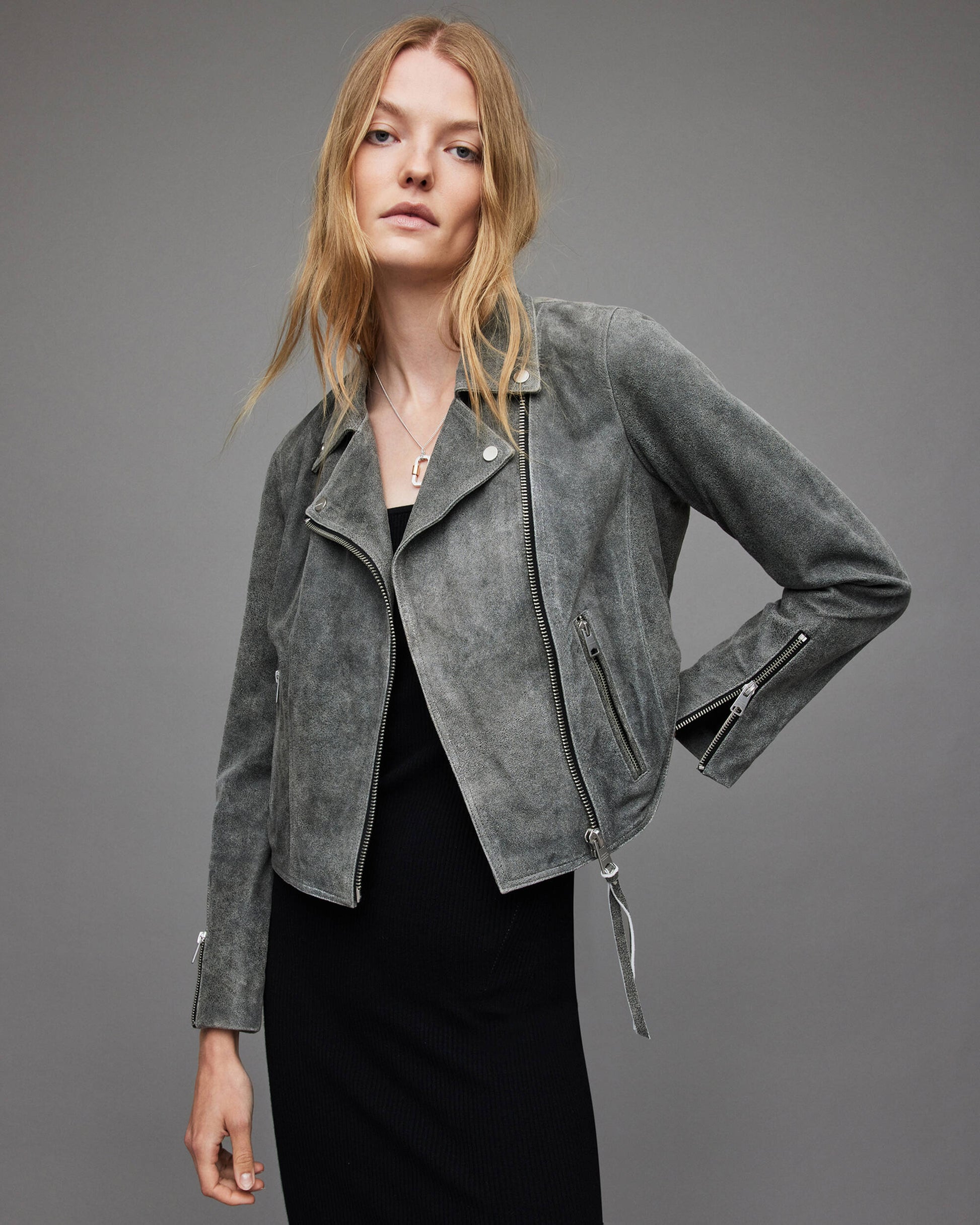 Women Elegant Gray Genuine Suede Leather Biker Jacket