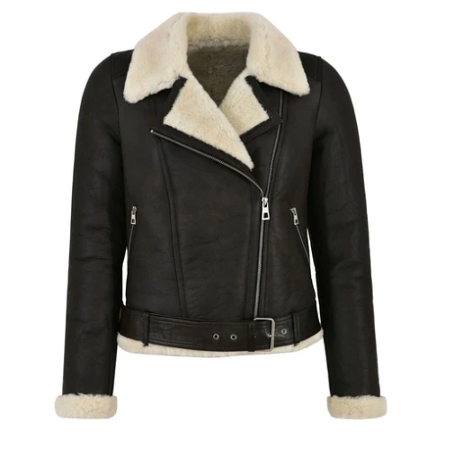  Stylish Women's Shearling Bomber Biker Leather Jacket - Classic Black Outerwear