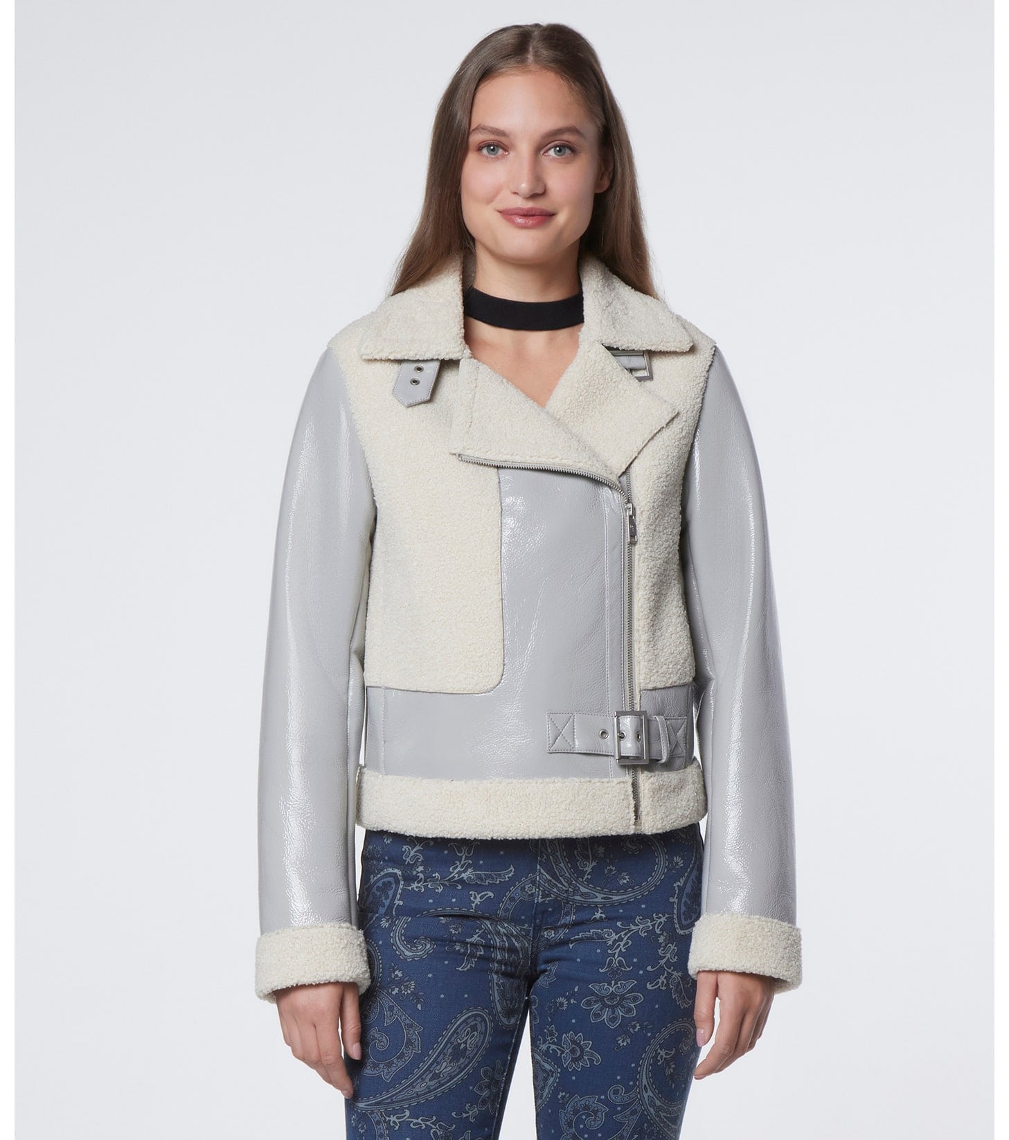 Women's Shearling Leather Biker Jacket in Pearl Blue - Elegant & Warm