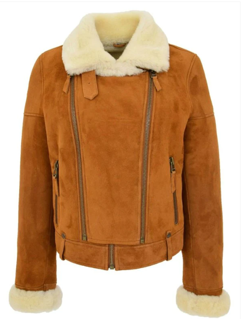 Stylish Women's Sheepskin Biker Leather Jacket - Brown Outerwear