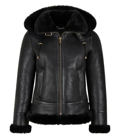  Women's Black Sheepskin Bomber Leather Jacket With Hood