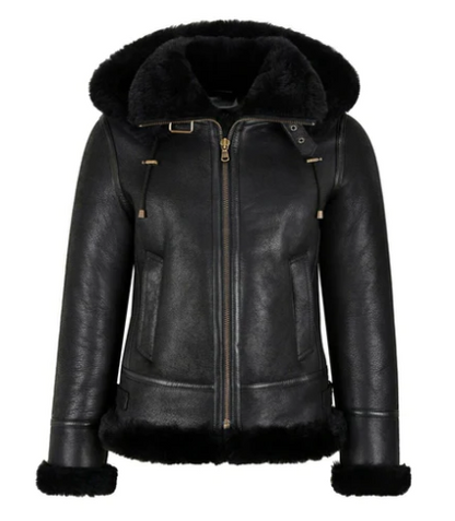  Women's Black Sheepskin Bomber Leather Jacket With Hood