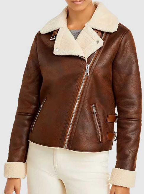 Women's Brown Sheepskin Bomber Leather Jacket