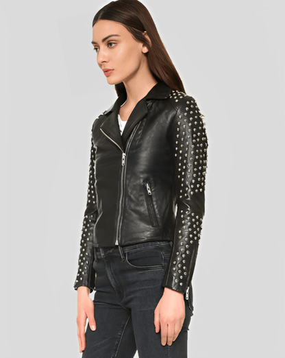 Women's Studded Black Leather Biker Jacket - Edgy & Chic