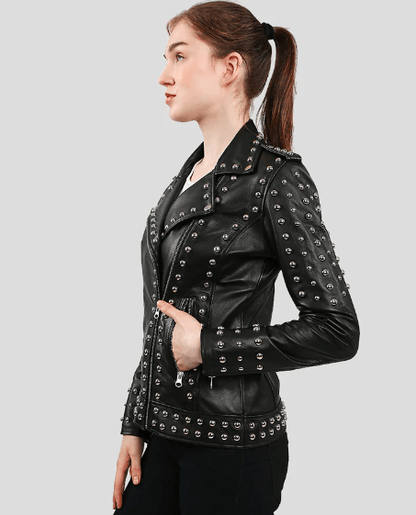 Women's Studded Leather Biker Jacket in Black - Edgy & Chic