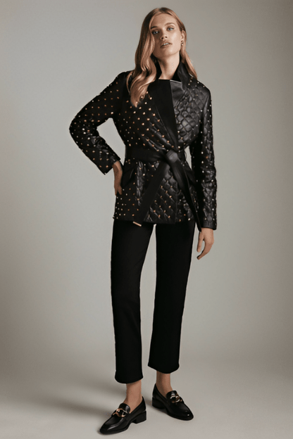 Women's Gold Studded Leather Blazer in Black - Fashionable Outerwear