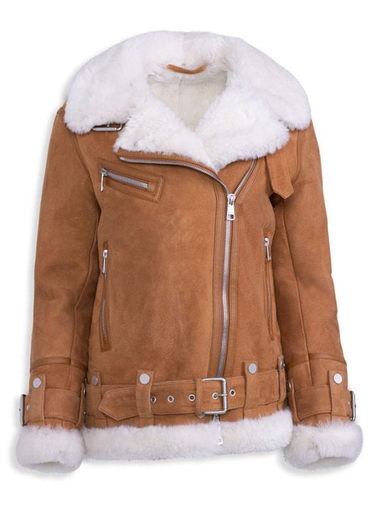 Women's Suede Leather Shearling Biker Jacket in Brown - Stylish & Warm