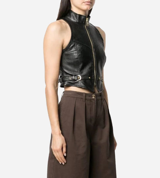  Chic Women's Black Leather Vest with Modern Design