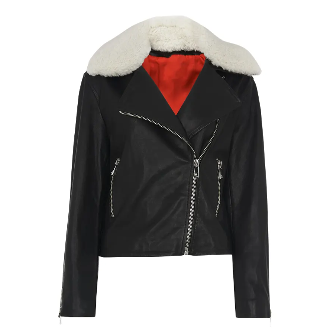 stylish Women's White Sheepskin Fur Biker Leather Jacket, Black Outerwear