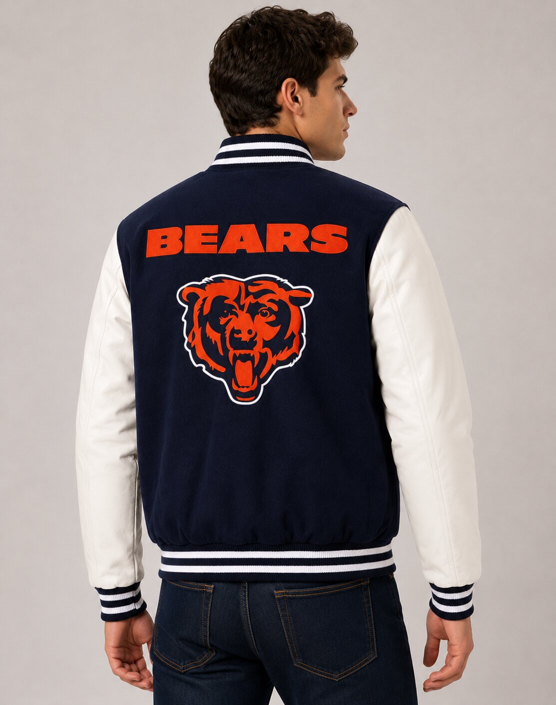Chicago Bears Navy Varsity Jacket with White Leather Sleeves
