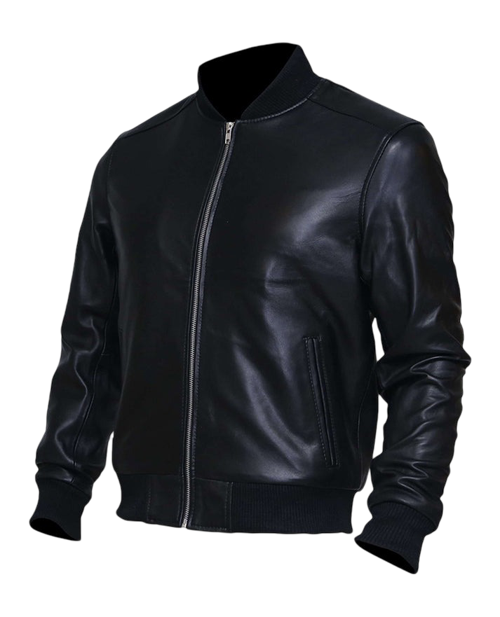 Classic Black Lambskin Leather Bomber Jacket