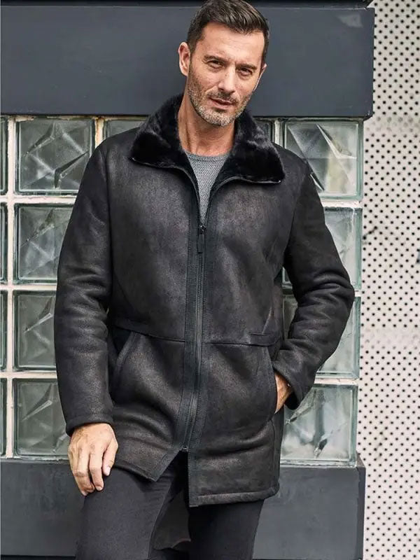 Men Black Shearling Fur Leather Jacket
