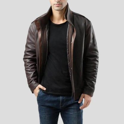 Men Brown Bomber Leather Jacket