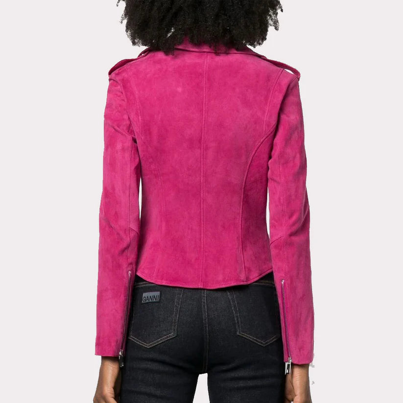 Premium Women Hot Pink Suede Leather Biker Jacket