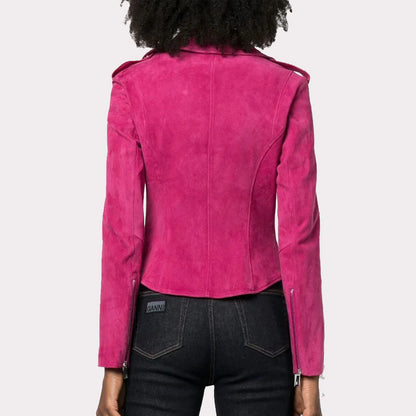 Premium Women Hot Pink Suede Leather Biker Jacket