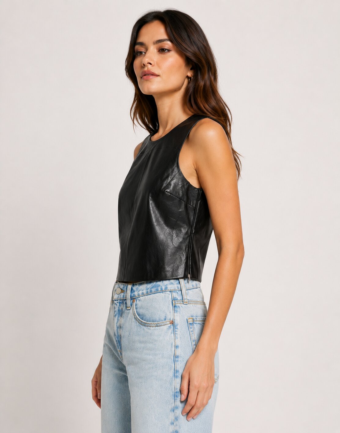 Women Black Cropped Leather Sleeveless Shirt