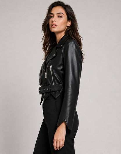 Women Black Genuine Leather Belted Biker Jacket