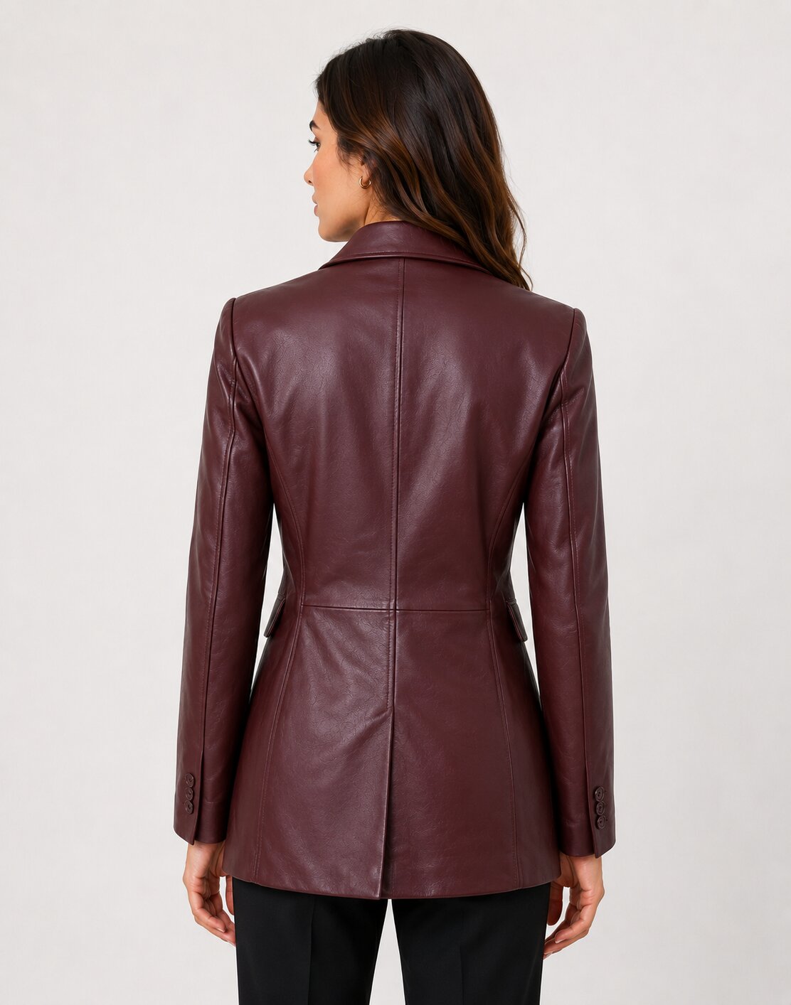 Women Burgundy Genuine Leather Double Breasted Blazer