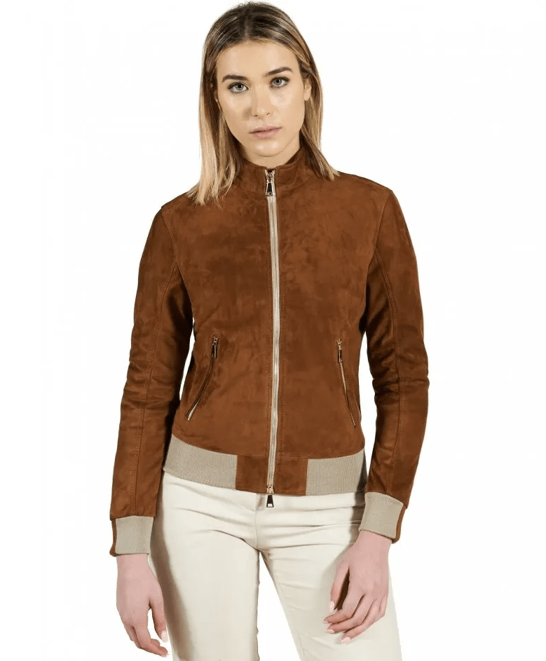 Women Dark Brown Suede Leather Bomber Jacket