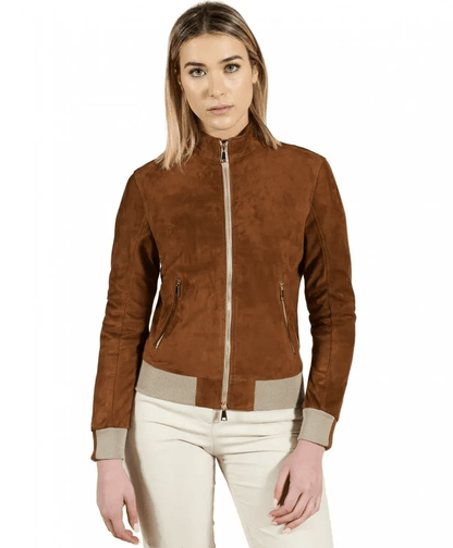 Women Dark Brown Suede Leather Bomber Jacket