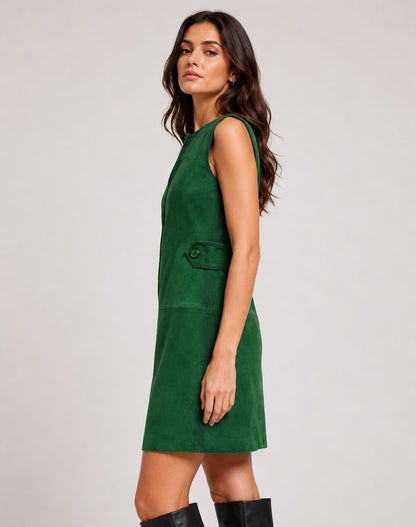 Women Emerald Green Suede Leather Mini Dress