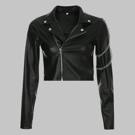 Women Gothic Black Cropped Leather Biker Jacket