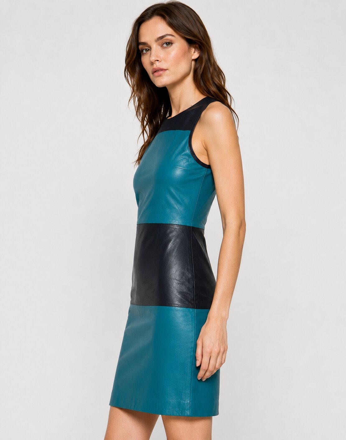Women Teal and Black Slim Fit Leather Mini Dress