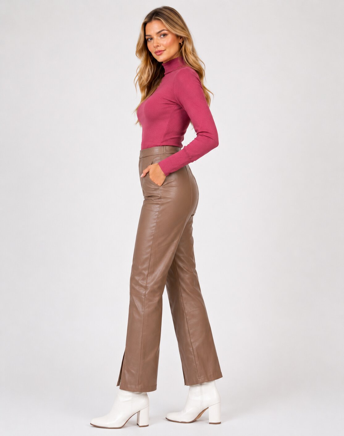 Women Timeless Beige Real Leather Straight Leg Pants