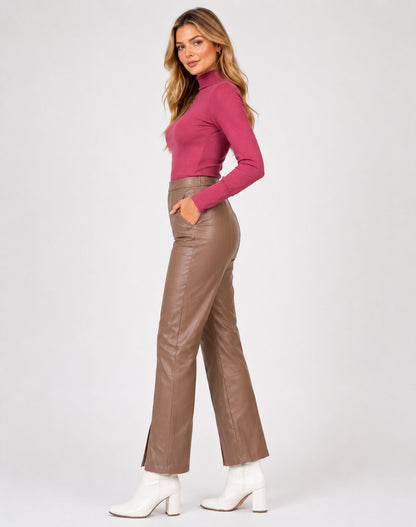 Women Timeless Beige Real Leather Straight Leg Pants
