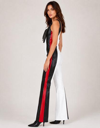 Women's Sheepskin White, Red, and Black Leather Jumpsuit