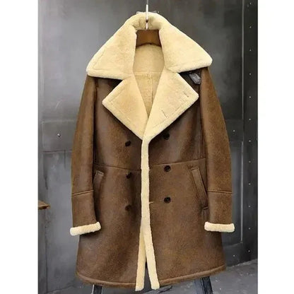 Slim Fit Men's Sheepskin Shearling Aviator Trench Coat